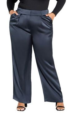 Rich and silky satin inform the look of polished wide-leg pants that have a touch of stretch and functional pockets for added comfort. 32" inseam; 14" leg opening Zip fly with hook-and-bar closure Front slant pockets 97% polyester, 3% elastane Hand wash, line dry Imported