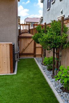 a small backyard with grass and wooden fence