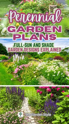 an image of garden plans with flowers in the foreground and text overlay that reads, perennial garden plans full - sun and shade garden designs explain