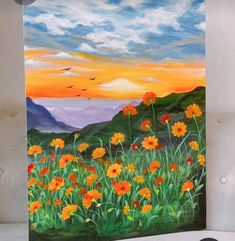 an oil painting of flowers in a field with mountains and birds flying over the horizon