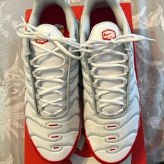 Like Brand New!! Nike Air Max Plus Size 11, Red & White White Low-top Running Shoes With Red Sole, White Running Shoes With Red Sole For Sports, White Sneakers With Red Sole For Running, Nike White Sneakers With Red Sole, Red Sports Sneakers With White Laces, Red Sneakers With White Laces For Sports, Nike Air Max Plus, Air Max Plus, New Nike Air