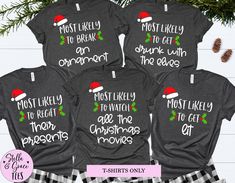 Matching Family Christmas Shirts Most Likely To Funny Group Christmas Holiday Tshirts Xmas Superlatives Mom Dad Adults Pajamas Pj Tops Tees These are priced per item. Select each in the dropdown menus. No pants included. We offer: ❤ High quality prints that will last over time ❤ Comfortable & flattering fit ❤ Soft and Light weight, with just the right amount of Stretch ❤ Machine washable & dryer safe DESIGN ❤ All of our shirts and apparel are all created with the latest in garment printing technology using water based inks that are eco-friendly. This helps to create a softer feel than traditional screen printing. This high-quality printing process helps prevent designs from fading, cracking and peeling for a long lasting product. The ink is CPSIA (Consumer Product Safety Improvement Act) c Christmas Pj Set Family, Funny Adult Christmas Pajamas, Grinch Family Pajamas, Christmas Superlatives, Christmas Jammies Family, Funny Family Christmas Shirts, Christmas Pajama Shirts, Funny Christmas Pajamas, Pj Ideas