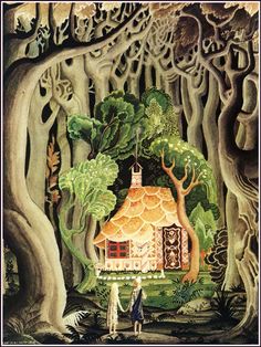 an illustration of a house in the woods surrounded by trees and people standing around it