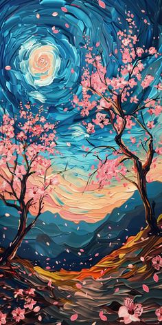 an oil painting of trees with pink flowers in the foreground and a blue sky background