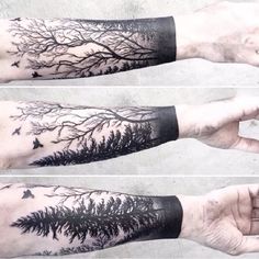 three different views of trees and birds in the sky with black ink on their arms