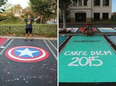 two photos side by side, one with captain america painted on it