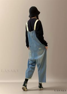 Lasaky - High-Waisted Distressed Denim Overalls with Vintage Aesthetic - Relaxed Fit Casual Jeans Denim Overalls Boots, Ripped Jeans Casual, Denim Overalls, Blue Pants, Denim Jumpsuit, Casual Denim, Vintage Aesthetic, High Waisted Denim, Olivia Mark