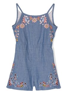 cornflower blue cotton denim floral embroidery square neck thin straps sleeveless rear tie fastening open back elasticated waistband Embroidery Square, Denim Playsuit, Chloe Kids, Denim Romper, Denim Shoes, Embroidered Denim, Cornflower Blue, Girls Rompers, Skirted Swimwear