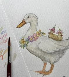 a watercolor painting of two ducks with flowers in their beaks and one duckling on its back