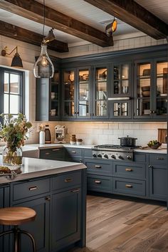 Northeast Interior Design, Kitchen Design With Gray Cabinets, Ranch Home Kitchen Remodel, Mountain Lake House Interior, Grey And Blue Kitchen Ideas, Square Kitchen Design, Modern Mountain Cottage, Grey Country Kitchen