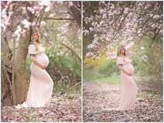 a pregnant woman in a pink dress standing next to a tree