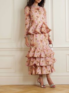 ZIMMERMANN Illustration crystal-embellished tiered floral-print linen and silk-blend maxi dress | NET-A-PORTER Floral Dress Outfits, Fashion Magazine Cover, Fall 24, Exclusive Dress, Matthew Williamson, Designer Accessories, The 1920s, Floral Dresses, Pink Maxi Dress