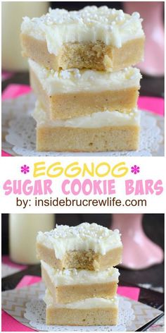 eggnog sugar cookie bars stacked on top of each other