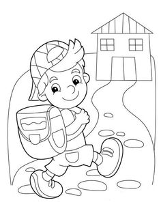 a coloring page with a boy carrying a backpack