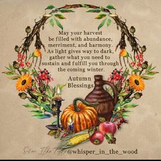 an autumn poem with pumpkins, corn and other fall items in the center on parchment paper