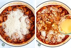 two images showing how to make an enchilada casserole with meat and cheese