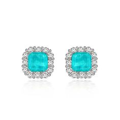 Halo Cushion Cut Paraiba Tourmaline Sterling Silver Stud Earrings Paraiba Tourmaline, Stone Material, Luxurious Design, Moissanite Jewelry, Pretty Box, Stone Setting, Allergy Free, Timeless Jewelry, Custom Metal