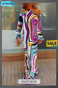 Abstract Stripes One Shoulder Casual Dress Chic Multicolor Printed Maxi Dress, Long Sleeve Maxi Dress With Abstract Print For Vacation, Chic Multicolor Maxi Dress For Fall, Casual Long Sleeve Maxi Dress With Abstract Print, Spring Party Maxi Dress With Abstract Print, Multicolor Printed Off-shoulder Maxi Dress, Fall Abstract Print Maxi Dress, Chic Multicolor Long Sleeve Maxi Dress, Multicolor Off-shoulder Maxi Dress For Spring