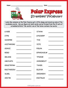 the polar express scrambled vocably worksheet is shown in red