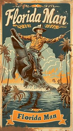 a man riding on the back of a horse in front of palm trees and water