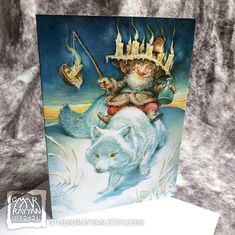 a greeting card featuring a bear and a santa clause riding a polar bear with a fishing rod