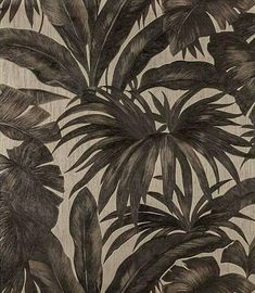 black and white tropical print wallpaper with palm leaves on beige background, closeup