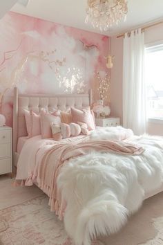 a bedroom decorated in pink and white