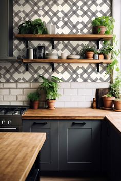 some plants are sitting on shelves in the corner of a kitchen with black cabinets and wood counter tops