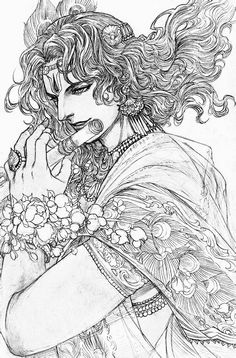 a black and white drawing of a woman with curly hair