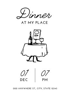 the dinner at my place flyer is shown with a table and wine bottle on it