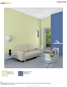 a living room with blue and green walls, white furniture and pictures on the wall