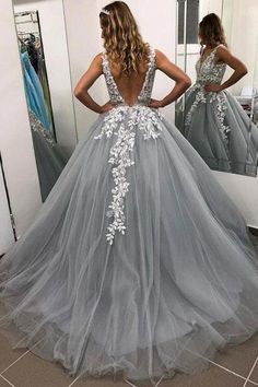 Gray Formal Dress, Prom Dress For Teens, Grey Evening Dresses, Robes D'occasion, A Line Evening Dress, 2020 Prom Dresses, Prom 2020, Tulle Evening Dress, V Neck Prom Dresses