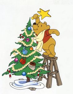 winnie the pooh sitting on a stool next to a christmas tree