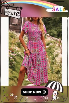 Rosy Bohemia Print Pleated Woven Casual Dress Women Dresses Casual, Casual Dress Women, Women Dresses, Dresses Casual, Casual Dress, Casual Dresses, Dresses