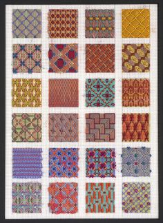 a cross stitch pattern with many different colors and patterns on it's sides, including squares