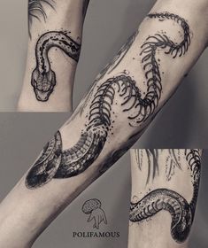 an arm with some tattoos on it and a snake crawling out of the arm,