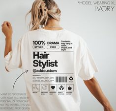 Our trendy hairstylist shirt is the perfect personalized gift for your hair stylist or to promote your salon business! Made on the Comfort Colors t-shirts, these make the perfect work day shirt or to promote yourself casually with your handle. We also have this design on a sweatshirt that you can find in our shop. Any questions, please message us! **UNISEX T-SHIRTS- Run true to size.  If wanting a more oversized look, selecting 1 or 2 sizes up is recommended. Models are wearing size XL for overs Salon Shirt Ideas, Hair Salon Shirts, Hairstylist Shirt Ideas, Salon Tshirt Ideas, Casual Hairstylist Outfits, Hairstylist Outfits For Work Casual, Hairdresser Outfit Work, Hairstylist Tshirts, Salon Shirts