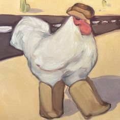 a painting of a chicken wearing boots and a hat