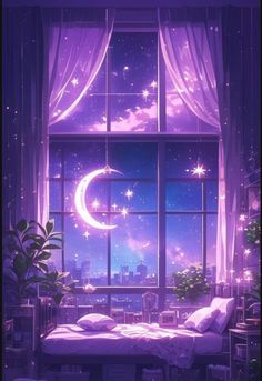 the window is open and there is a bed in front of it with stars on the night sky