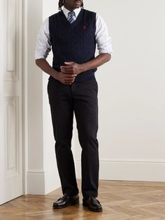 Opting for timeless over trend-led, Polo Ralph Lauren creates pieces that'll stay in your wardrobe for the long haul. This cotton sweater vest has been cable-knit for texture and is embroidered with the signature polo player in contrasting threads. Balance out its preppy feel by styling yours with cargo trousers. Sweater Collared Shirt Outfit, Knitted Vest Outfit Men, Collar Shirt With Sweater, Knitted Vest Outfit, Recreating Outfits, Collared Shirt Outfits, Vest Outfits Men, Tie Outfit, Vest For Men