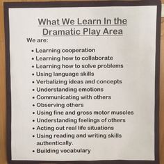 a sign that is posted on the side of a door with information about what we learn in the dramatic play area