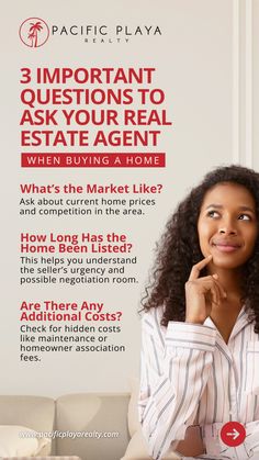 a woman sitting at a table in front of a white wall with the words 3 important questions to ask your real estate agent when buying a home