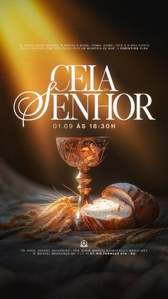 the poster for cela pentor shows bread and a chalice on a table