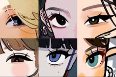 four different anime eyes are shown together