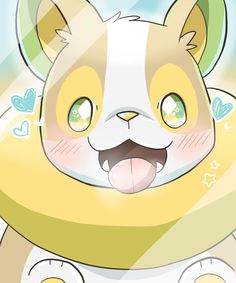 a cartoon cat with green eyes and yellow scarf around its neck, smiling at the camera