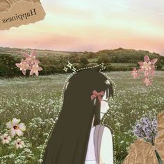 a girl in a field with flowers and the words happiness written on her back side