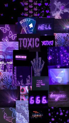 a collage of neon signs and lights in purple, blue, black and white