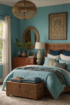 a bedroom with blue walls and furniture in the corner, including a bed that has a wicker foot board on it