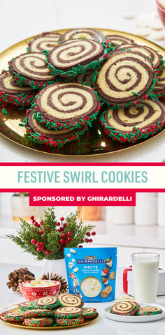 festive swirl cookies on a gold platter, surrounded by other holiday desserts