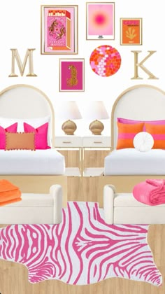 the bedroom is decorated in pink, orange and white